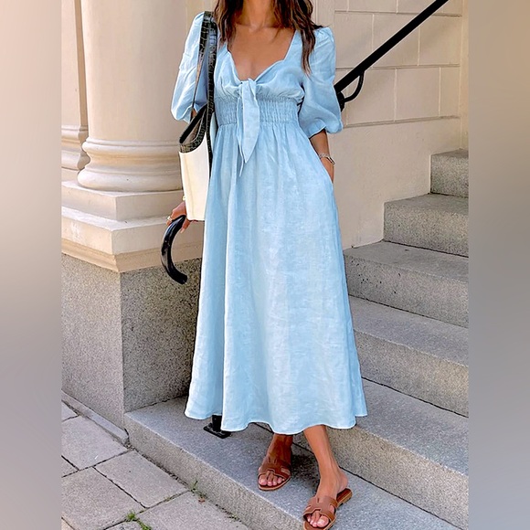 🔥 NWT Commense Linen Cotton Front Tie Midi Dress Medium - Picture 2 of 6